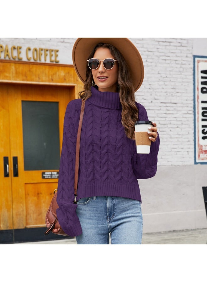 NIBEMINENT Autumn And Winter Coarse Linen Cable-knit Turtleneck Sweater; Pure Color Casual Sweater For Women, Loose Pullover Knitted Top - Image 1