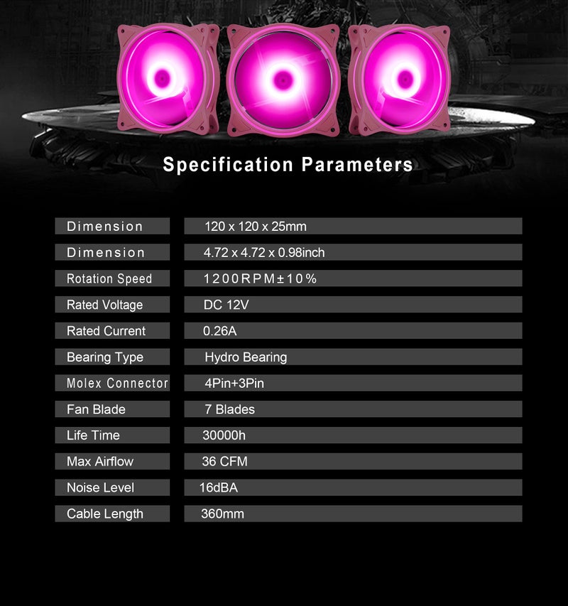 PANO-MOUNTS 120mm Pink LED Quiet 12V PC Computer Gaming Cooling Fan with Triple-Light Loop for PC/CPU/Case Cooling (3-Pack) - Image 4