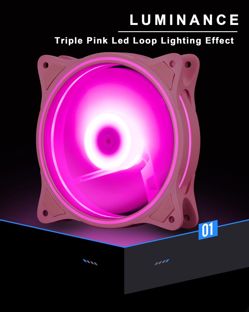 PANO-MOUNTS 120mm Pink LED Quiet 12V PC Computer Gaming Cooling Fan with Triple-Light Loop for PC/CPU/Case Cooling (3-Pack) - Image 2