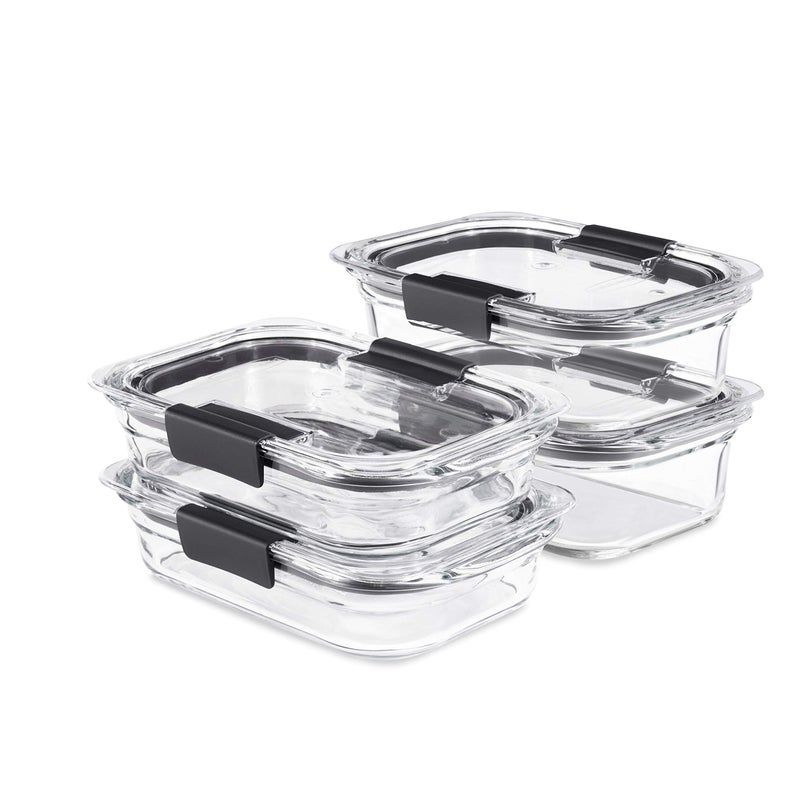 Rubbermaid طقم تخزين الطعام من زجاج Rubbermaid Brilliance مكون من 4 حاويات، 8 قطع إجمالية (4 حاويات + 4 أغطية) للغداء، تحضير الوجبات، والوجبات المتبقية، آمن في غسالة الصحون والفرن، شفاف/رمادي - Image 1