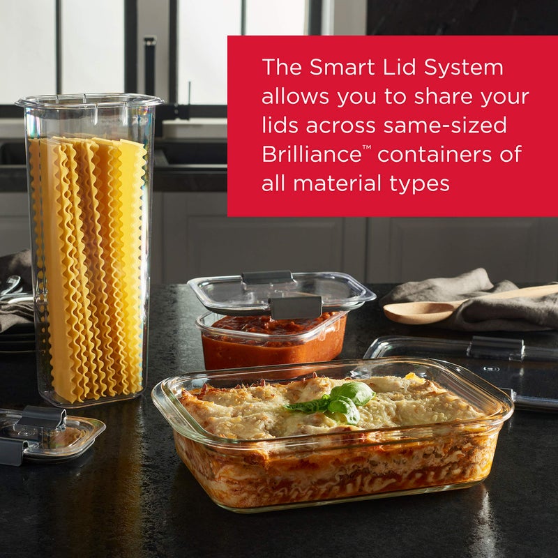 Rubbermaid طقم تخزين الطعام من زجاج Rubbermaid Brilliance مكون من 4 حاويات، 8 قطع إجمالية (4 حاويات + 4 أغطية) للغداء، تحضير الوجبات، والوجبات المتبقية، آمن في غسالة الصحون والفرن، شفاف/رمادي - Image 4