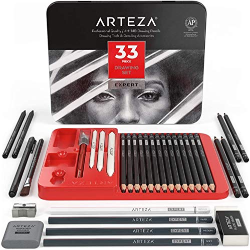 Arteza Drawing Set for Adults Set of 33 Artist Sketching Tools 20 Graphite 4 Charcoal Sketch Pencils 1 Fineliner 3 Blenders 1 Sharpener 3 Erasers 1 Hobby Knife Art Supplies for Drawing - Image 1