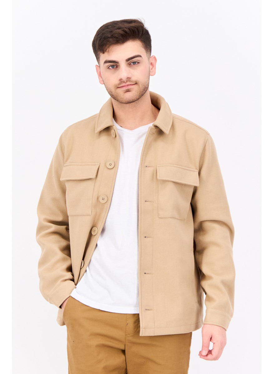 Threadbare - Men Solid Long Sleeve Jacket Shirt, Tan - Image 1