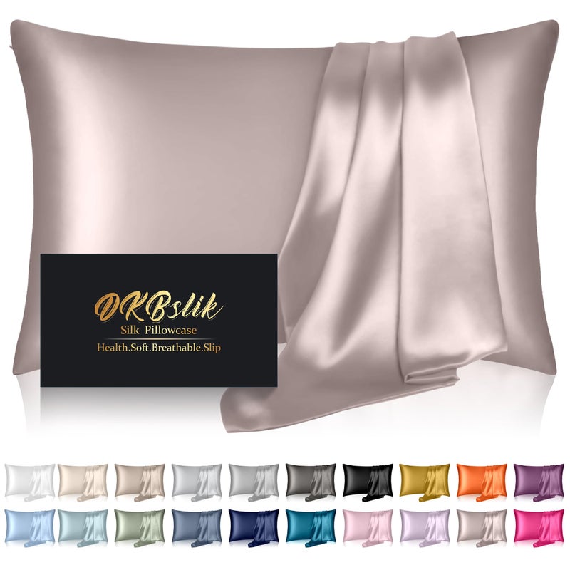 DKBslik Silk Pillowcase for Hair and Skin, Mulberry Silk Pillow Cases Queen Size, Soft Anti Acne Cooling Beauty Sleep Both Sides Natural Silk Satin Pillowcases with Hidden Zipper, Gifts for Women Men, Taupe - Image 1