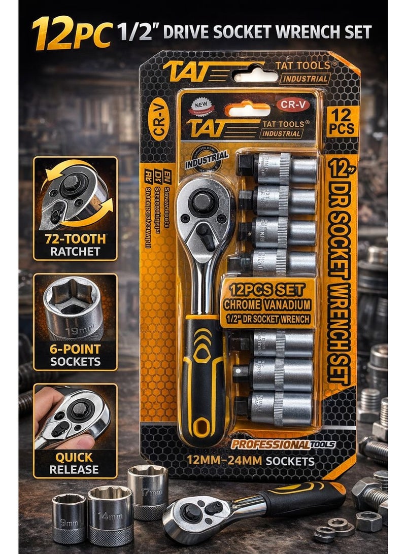 Midwest ls 1/2 Inch Drive Socket Wrench Set 12PCS, Chrome Vanadium Steel CR-V, 72-Tooth Ratchet Handle, 6-Point Metric Sockets 12–24mm - Image 1