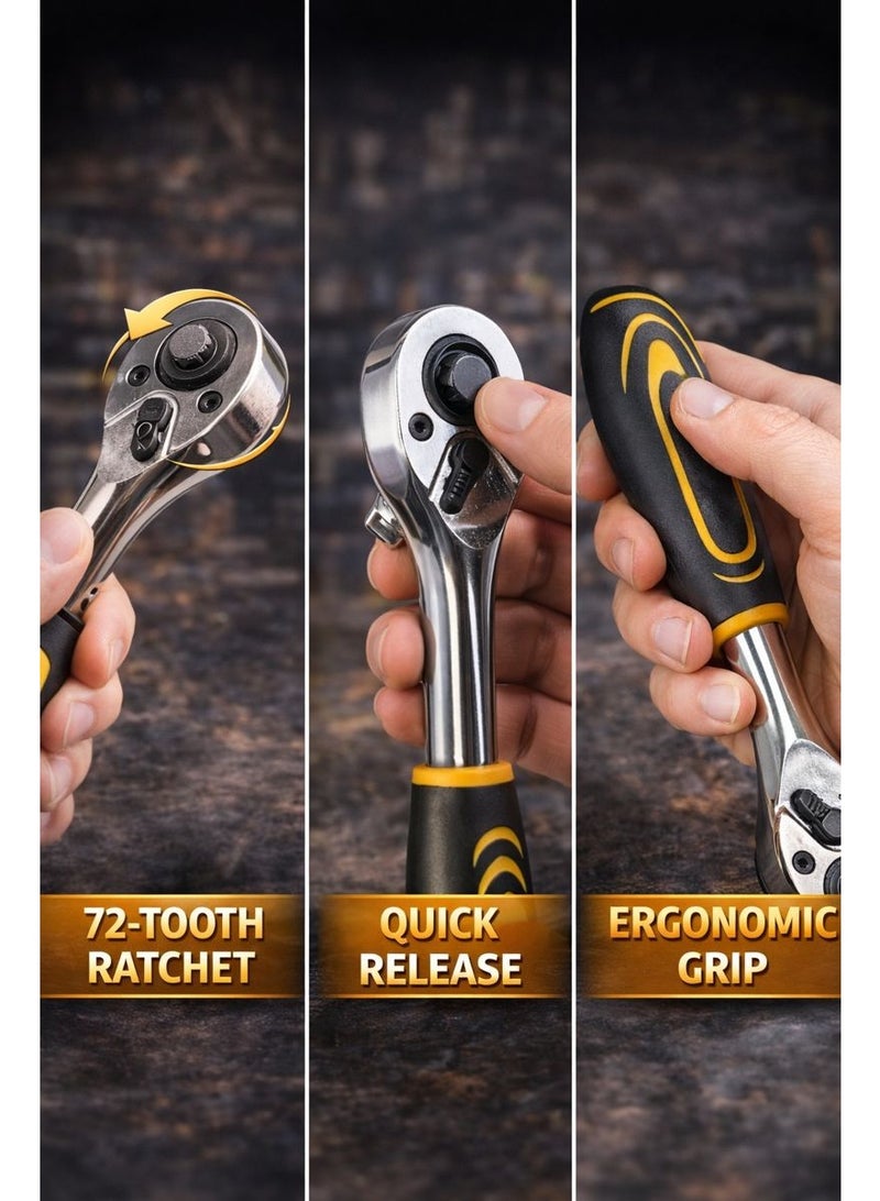 Midwest ls 1/2 Inch Drive Socket Wrench Set 12PCS, Chrome Vanadium Steel CR-V, 72-Tooth Ratchet Handle, 6-Point Metric Sockets 12–24mm - Image 2