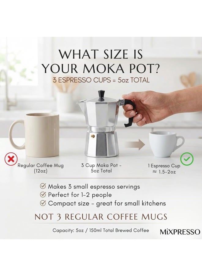 Mixpresso صانعة القهوة موكا من الألمنيوم، وعاء موكا لصنع القهوة على الغاز، الموقد الكهربائي، صانعة القهوة الإيطالية الكلاسيكية، صانعة الإسبريسو على الموقد، وعاء التخييم 3 أكواب إسبريسو 5 أونصات - Image 2
