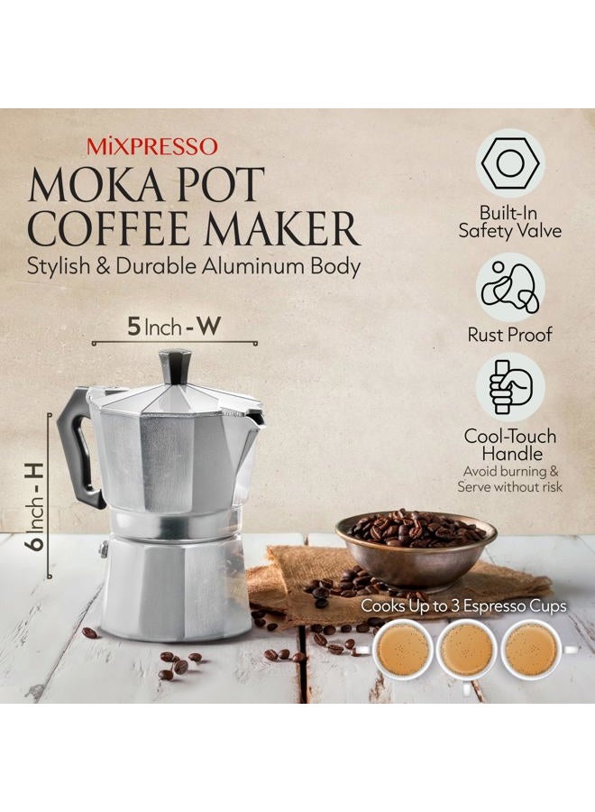 Mixpresso صانعة القهوة موكا من الألمنيوم، وعاء موكا لصنع القهوة على الغاز، الموقد الكهربائي، صانعة القهوة الإيطالية الكلاسيكية، صانعة الإسبريسو على الموقد، وعاء التخييم 3 أكواب إسبريسو 5 أونصات - Image 3