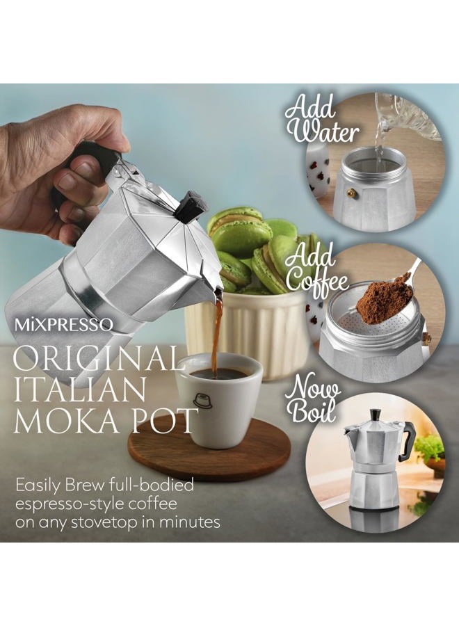 Mixpresso صانعة القهوة موكا من الألمنيوم، وعاء موكا لصنع القهوة على الغاز، الموقد الكهربائي، صانعة القهوة الإيطالية الكلاسيكية، صانعة الإسبريسو على الموقد، وعاء التخييم 3 أكواب إسبريسو 5 أونصات - Image 5