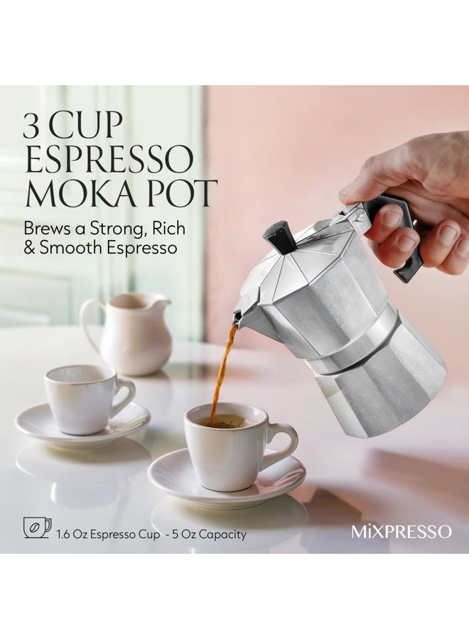 Mixpresso صانعة القهوة موكا من الألمنيوم، وعاء موكا لصنع القهوة على الغاز، الموقد الكهربائي، صانعة القهوة الإيطالية الكلاسيكية، صانعة الإسبريسو على الموقد، وعاء التخييم 3 أكواب إسبريسو 5 أونصات - Image 4
