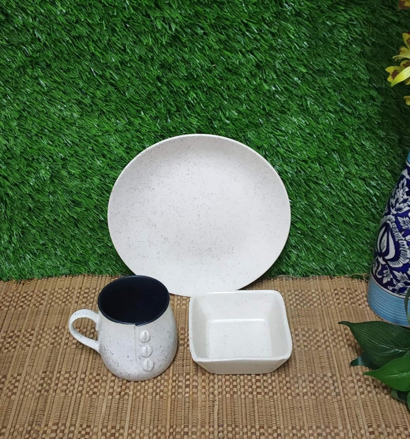 Caffeine Ceramic Handmade White Dotted Breakfast Set (Set of 3) - Image 1