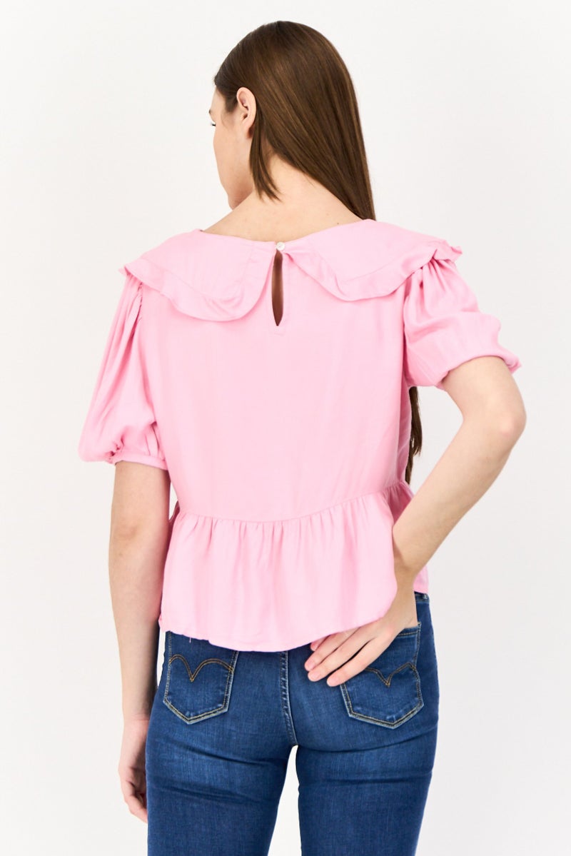 ONLY بلوزة نسائية بأكمام قصيرة وياقة بيتر بان، وردية - Image 4