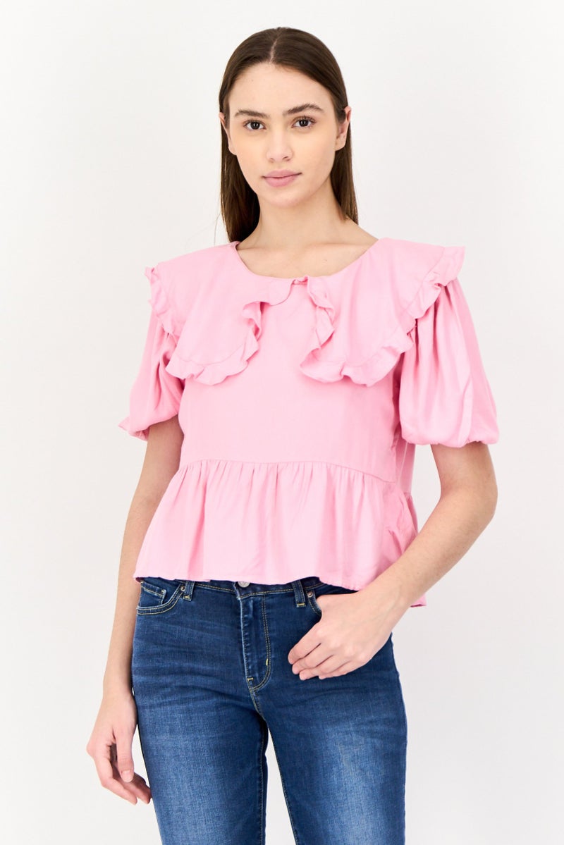 ONLY بلوزة نسائية بأكمام قصيرة وياقة بيتر بان، وردية - Image 1