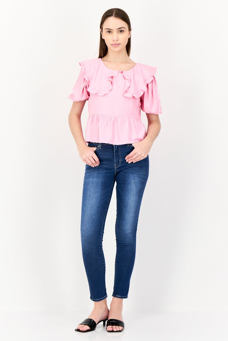 ONLY بلوزة نسائية بأكمام قصيرة وياقة بيتر بان، وردية - Image 3