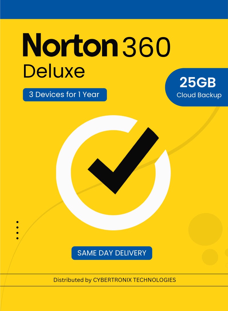 Norton 360 Deluxe | 3 Devices for 1 Year | 25GB Cloud Backup | PC / Mac® / Phones / Tablets | 2025 | Digital License | SAME DAY DELIVERY