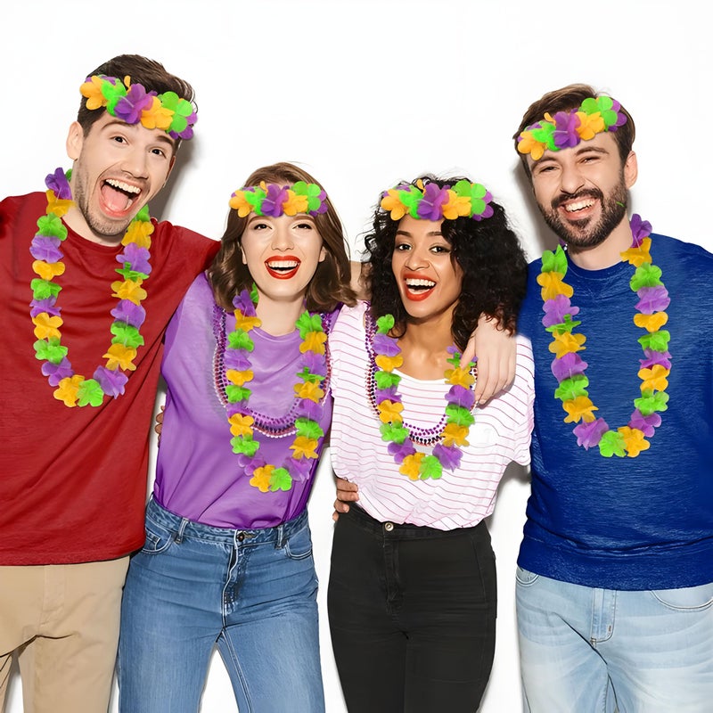 Moon Boat 52PCS Mardi Gras Leis Hawaiian Throws Decorations: Flower Necklaces Headbands Bulk for Parade Party Favors Supplies - Image 5
