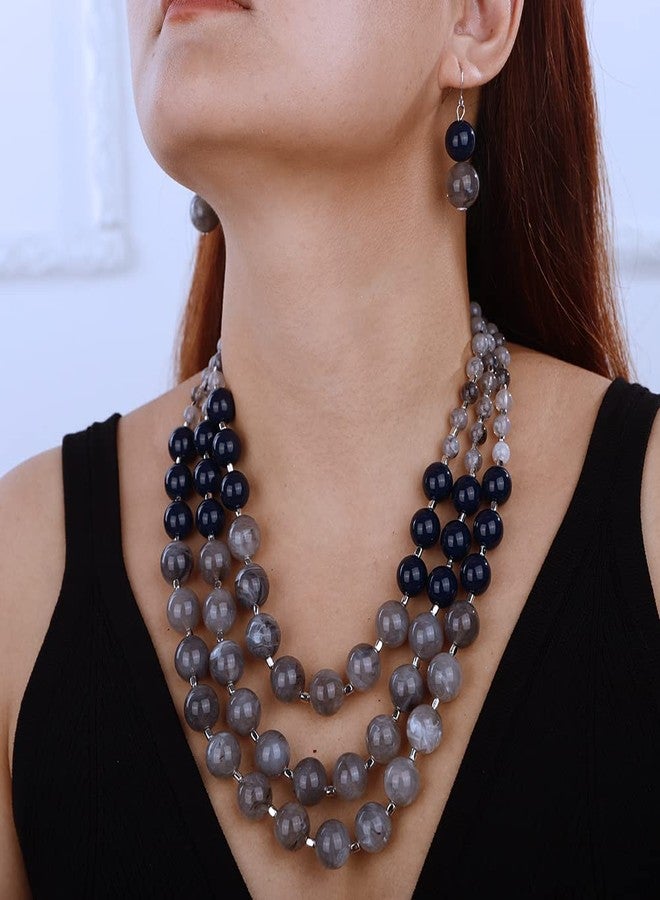 ايميميير طقم عقد وأقراط من Aimimier مكون من 3 طبقات مزين بخرز كريستالي سميك، عقد مميز بكرات دائرية مضفرة للنساء (رمادي) - Image 3