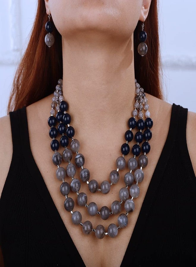 ايميميير طقم عقد وأقراط من Aimimier مكون من 3 طبقات مزين بخرز كريستالي سميك، عقد مميز بكرات دائرية مضفرة للنساء (رمادي) - Image 2