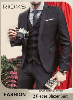 RIOXS Men's 2 Pieces Formal Suit, Elegant Solid Black Suits, One Button Blazer Suit, Slim Fit Blazer Jacket And Long Blazer Pants, Business Blazer Pants Set For Office Wedding Prom Dinner  - Image 1
