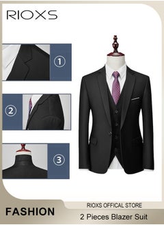 RIOXS Men's 2 Pieces Formal Suit, Elegant Solid Black Suits, One Button Blazer Suit, Slim Fit Blazer Jacket And Long Blazer Pants, Business Blazer Pants Set For Office Wedding Prom Dinner  - Image 3