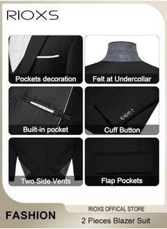 RIOXS Men's 2 Pieces Formal Suit, Elegant Solid Black Suits, One Button Blazer Suit, Slim Fit Blazer Jacket And Long Blazer Pants, Business Blazer Pants Set For Office Wedding Prom Dinner  - Image 5