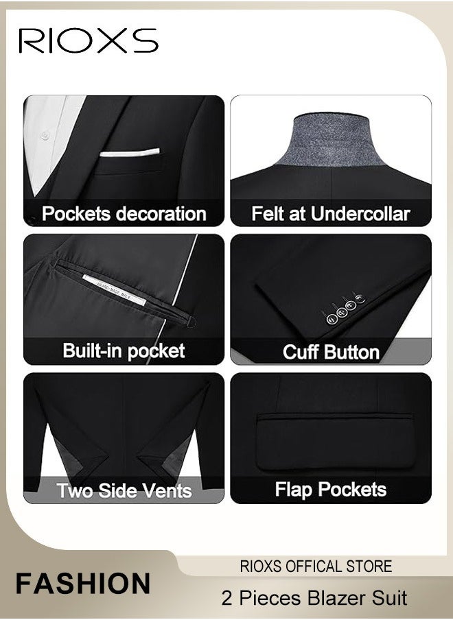 RIOXS Men's 2 Pieces Formal Suit, Elegant Solid Black Suits, One Button Blazer Suit, Slim Fit Blazer Jacket And Long Blazer Pants, Business Blazer Pants Set For Office Wedding Prom Dinner  - Image 5