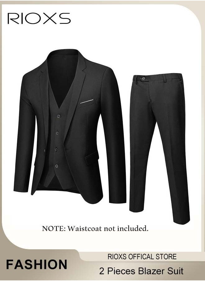 RIOXS Men's 2 Pieces Formal Suit, Elegant Solid Black Suits, One Button Blazer Suit, Slim Fit Blazer Jacket And Long Blazer Pants, Business Blazer Pants Set For Office Wedding Prom Dinner  - Image 2