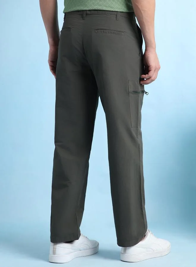 Dennis Lingo Men's Dark Olive Nylon Solid Pattern Cargo Straight Fit Trouser