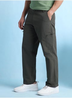 Dennis Lingo Trendy Dark Olive Cargo Trousers for Men featuring a straight fit design with stylish zipper detail on patch pockets, crafted from premium quality nylon with a solid pattern – a must-have for a fashion-forward wardrobe.  - Image 3