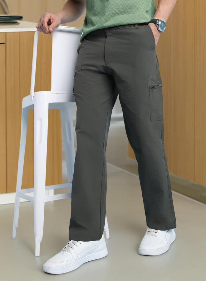 Dennis Lingo Men's Dark Olive Nylon Solid Pattern Cargo Straight Fit Trouser  - Image 2