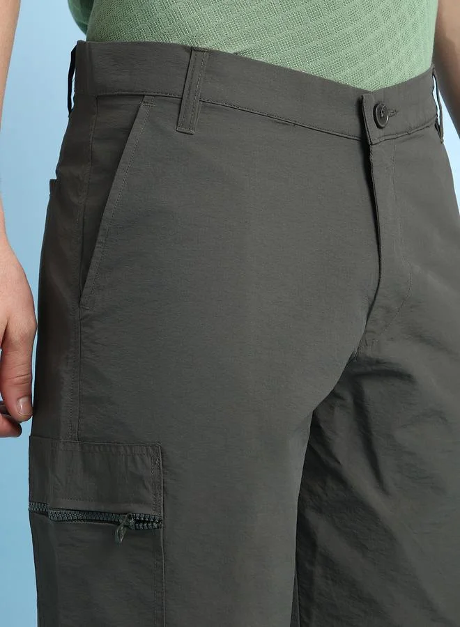 Dennis Lingo Men's Dark Olive Nylon Solid Pattern Cargo Straight Fit Trouser