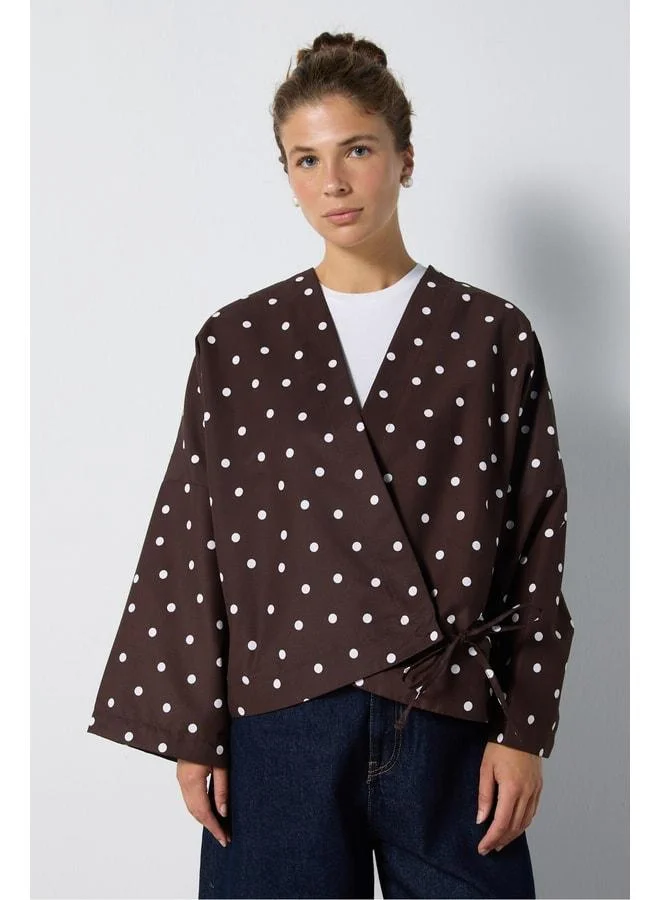 mina aise Women's Brown Polka-Dot Tie-Detail Oversized Lined Trench Coat 32002.