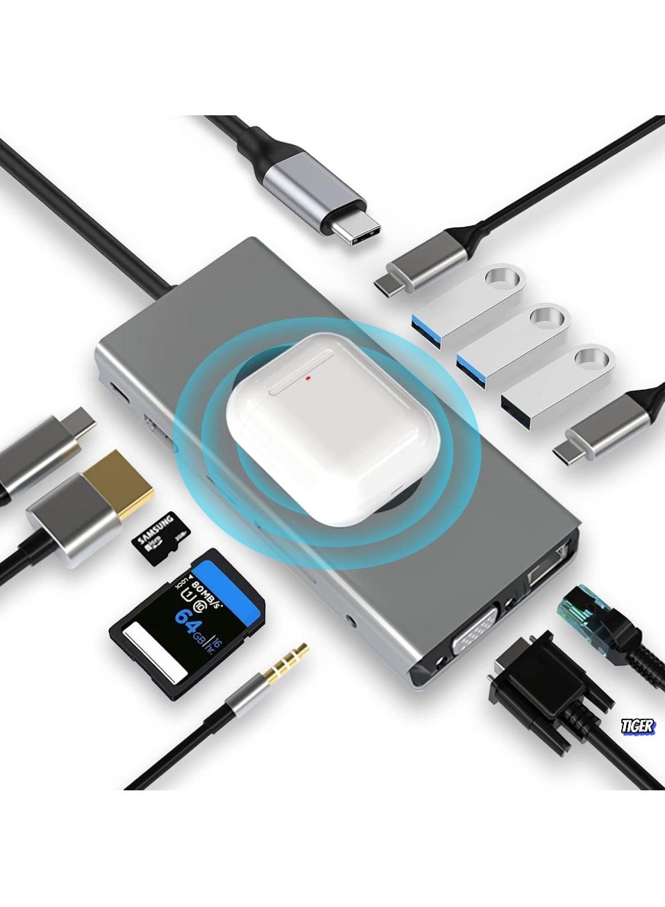13-in-1 USB C Docking Station with Wireless Charging, 4K HDMI, VGA, USB 3.0, USB C, Ethernet, SD/TF Card Reader – Multiport Dock for MacBook Pro, Type-C Laptops & Devices – Expand Connectivity, Power Delivery, High-Speed Data Transfer & More