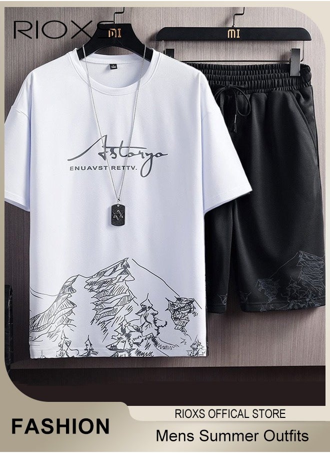RIOXS - Mens 2 Piece Set Summer Outfits-Trendy Printed City Sketch T-shirt & Elastic Waist Downstring Shorts,Fashion Casual T-shirt And Shorts Sets,Great For Teens Men Daily Wear - Image 1