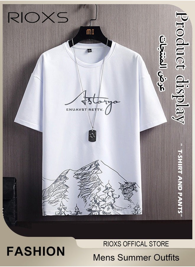 RIOXS - Mens 2 Piece Set Summer Outfits-Trendy Printed City Sketch T-shirt & Elastic Waist Downstring Shorts,Fashion Casual T-shirt And Shorts Sets,Great For Teens Men Daily Wear - Image 1