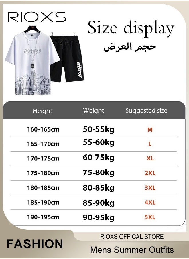 RIOXS - Mens 2 Piece Set Summer Outfits-Trendy Printed City Sketch T-shirt & Elastic Waist Downstring Shorts,Fashion Casual T-shirt And Shorts Sets,Great For Teens Men Daily Wear - Image 1