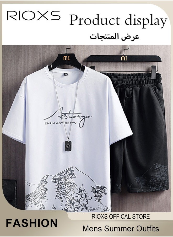 RIOXS - Mens 2 Piece Set Summer Outfits-Trendy Printed City Sketch T-shirt & Elastic Waist Downstring Shorts,Fashion Casual T-shirt And Shorts Sets,Great For Teens Men Daily Wear - Image 1