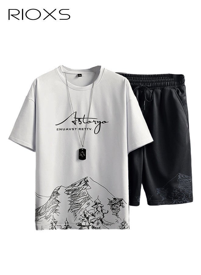 RIOXS Mens 2 Piece Set Summer Outfits, Trendy Printed City Sketch T-shirt & Elastic Waist Downstring Shorts, Fashion Casual T-shirt And Shorts Sets, Summer Outfits Great For Teens Men Daily Wear, Men Clothing Suit Pair With Slipper/Sports Shoes/Sandals - Image 5