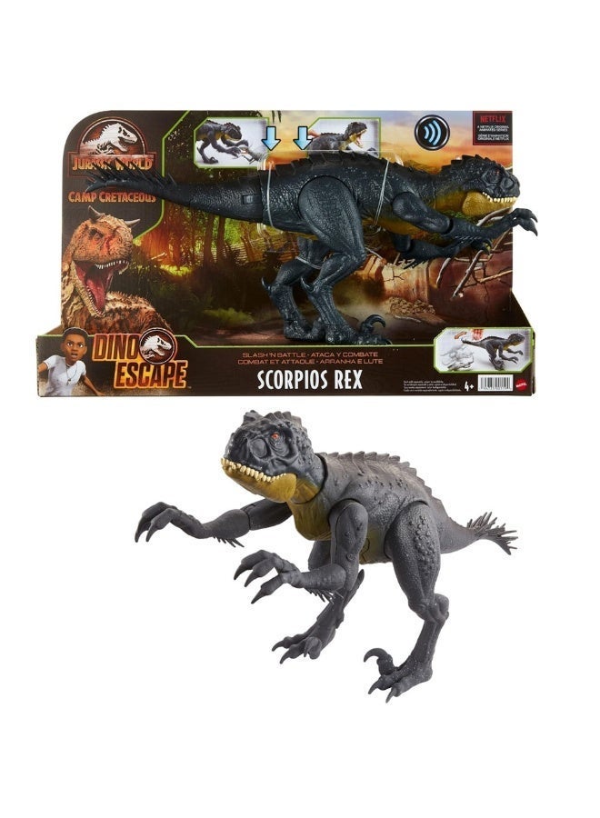 JURASSIC WORLD Original Mattel Jurassic World Dino Escape Scorpios Rex Doll, Slash 'N Battle Sound Chomp Roar & Tail Whip Attack Dinosaur Figure, Action Figures Toys Kids Fans Collector Gifts - Image 1