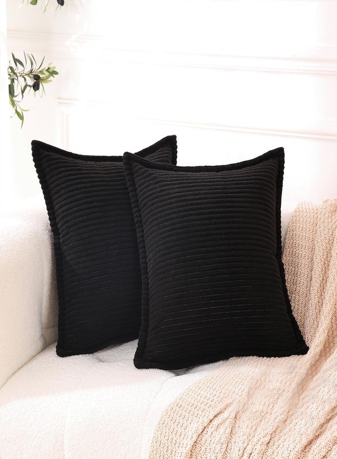 Linecooo Corduroy Black Throw Pillow Covers Set of 2 Striped Boho Decorative with Edge Design,Super Soft Throw Pillow Cushion Covers for Couch Sofa Living Room Solid Square 18×18inch/45cm×45cm - Image 1