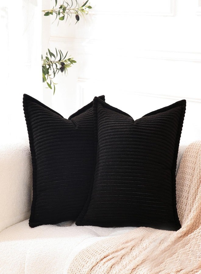 Linecooo Corduroy Black Throw Pillow Covers Set of 2 Striped Boho Decorative with Edge Design,Super Soft Throw Pillow Cushion Covers for Couch Sofa Living Room Solid Square 18×18inch/45cm×45cm - Image 5