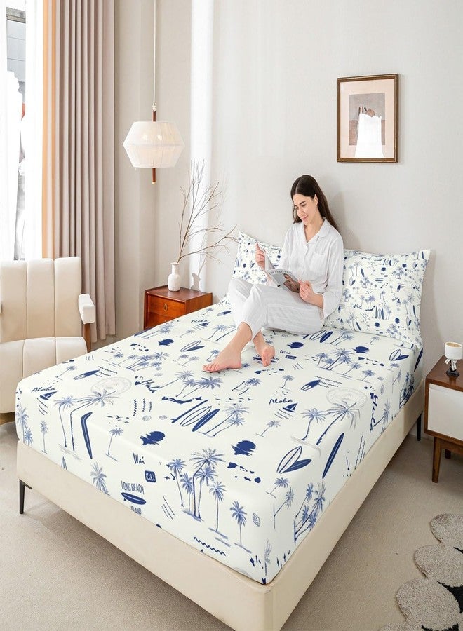 Homewish Coastal Beach Fitted Sheet Full Size,Surfboard Sailboat Palm Tree Bedding Set 3Pcs for Kids Girls Boys Teens Room Decor Summer Ocean Life Bed Sheet Navy Blue White Deep Pocket Sheet,2 Pillowcases - Image 2