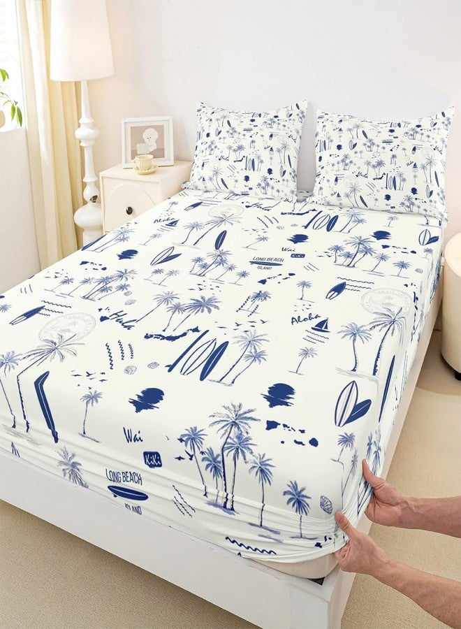 Homewish Coastal Beach Fitted Sheet Full Size,Surfboard Sailboat Palm Tree Bedding Set 3Pcs for Kids Girls Boys Teens Room Decor Summer Ocean Life Bed Sheet Navy Blue White Deep Pocket Sheet,2 Pillowcases - Image 1