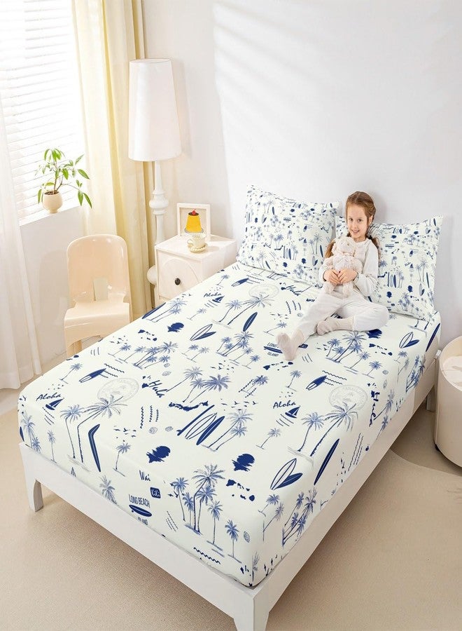 Homewish Coastal Beach Fitted Sheet Full Size,Surfboard Sailboat Palm Tree Bedding Set 3Pcs for Kids Girls Boys Teens Room Decor Summer Ocean Life Bed Sheet Navy Blue White Deep Pocket Sheet,2 Pillowcases - Image 3