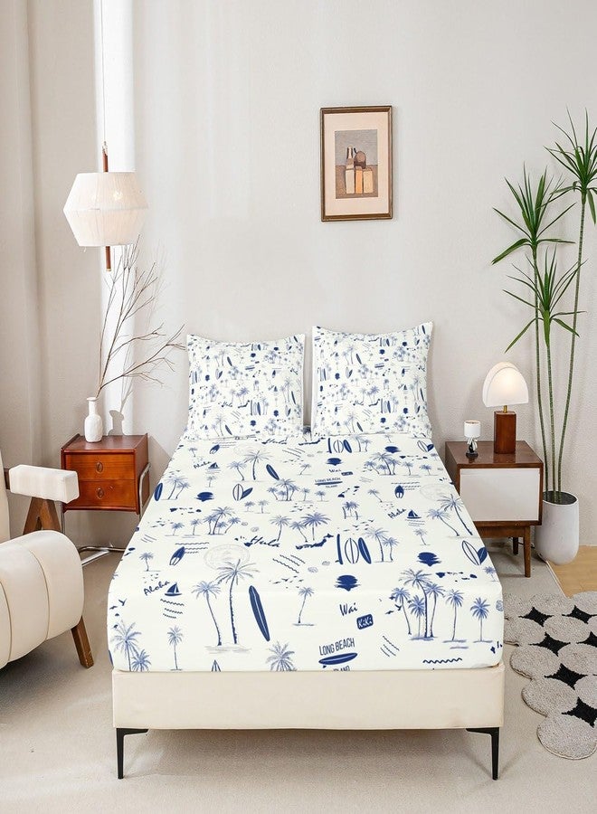 Homewish Coastal Beach Fitted Sheet Full Size,Surfboard Sailboat Palm Tree Bedding Set 3Pcs for Kids Girls Boys Teens Room Decor Summer Ocean Life Bed Sheet Navy Blue White Deep Pocket Sheet,2 Pillowcases - Image 4
