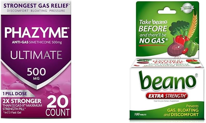 Phazyme Ultimate Gas Bloating Relief Works in Minutes 500 mg Simethicone Fast Gels 20 Count  Beano Ultra 800 Gas Prevention and Digestive Enzyme Supplement 100 Count - Image 1
