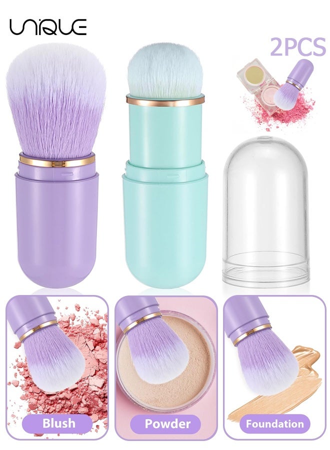 Unique Retractable Kabuki Makeup Brushes, 2 Pcs Travel Makeup Brushes Blush Brushes Cute Powder Brush Foundation Brush for Liquid Foundation Pressed Powder Contouring Cream(Green+Purple) - Image 1