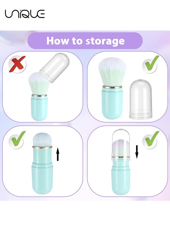 Unique Retractable Kabuki Makeup Brushes, 2 Pcs Travel Makeup Brushes Blush Brushes Cute Powder Brush Foundation Brush for Liquid Foundation Pressed Powder Contouring Cream(Green+Purple) - Image 3