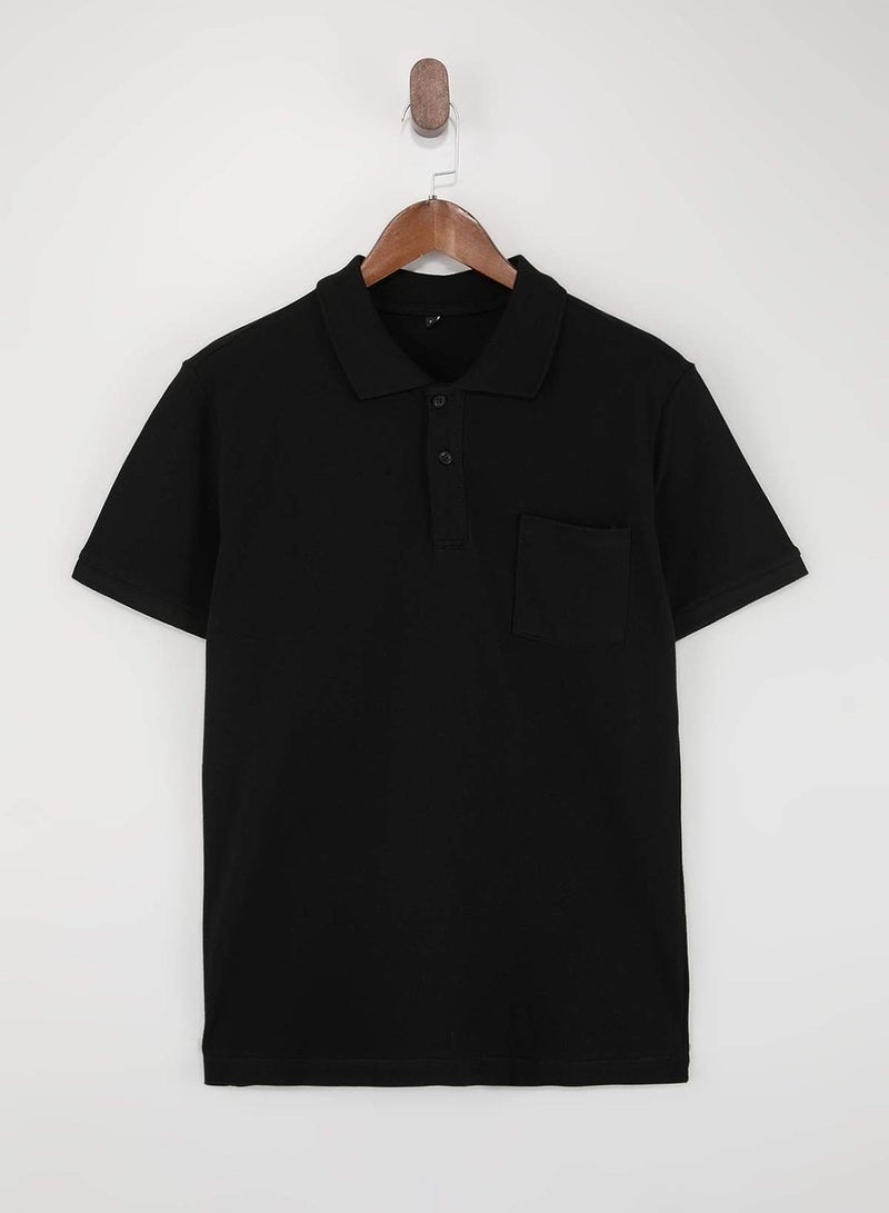 trendyol Black Regular 100% Cotton Single Pocket Polo Neck T-Shirt - Image 3