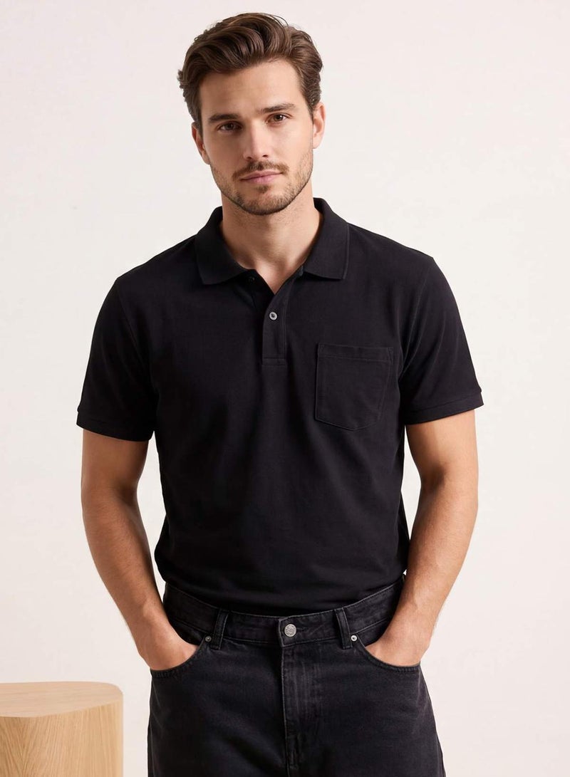 trendyol Black Regular 100% Cotton Single Pocket Polo Neck T-Shirt - Image 1